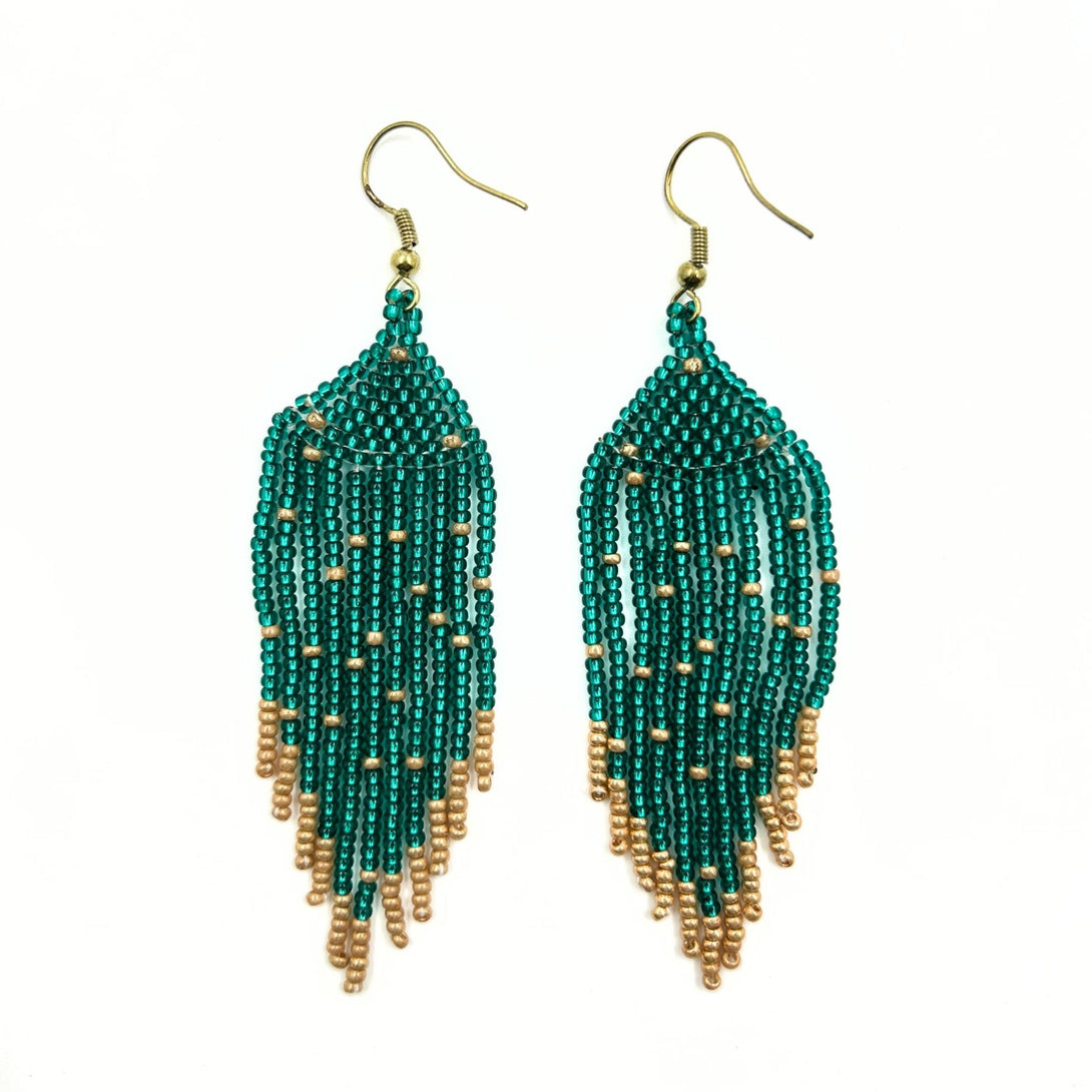 Green and Gold Beaded Fringe Earrings-Vibhura