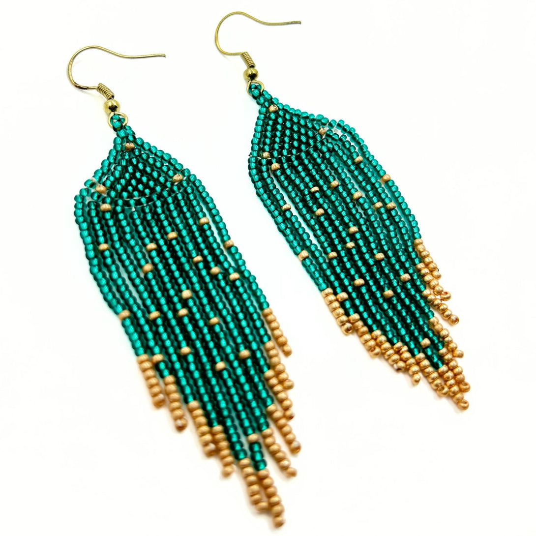 Green and Gold Beaded Fringe Earrings-Vibhura