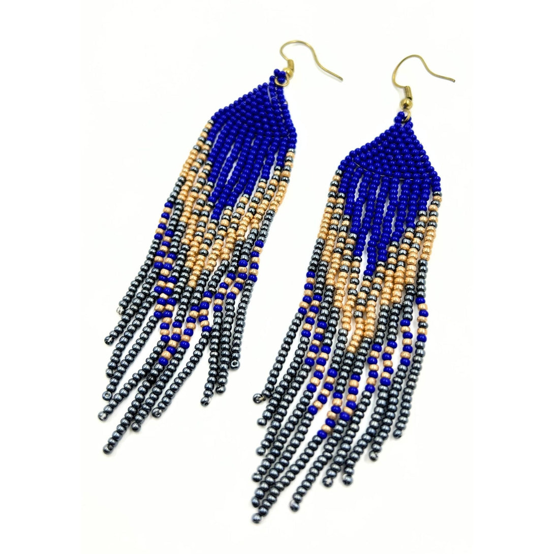 Royal Blue and Gold Beaded Earrings with Fringe-Vibhura