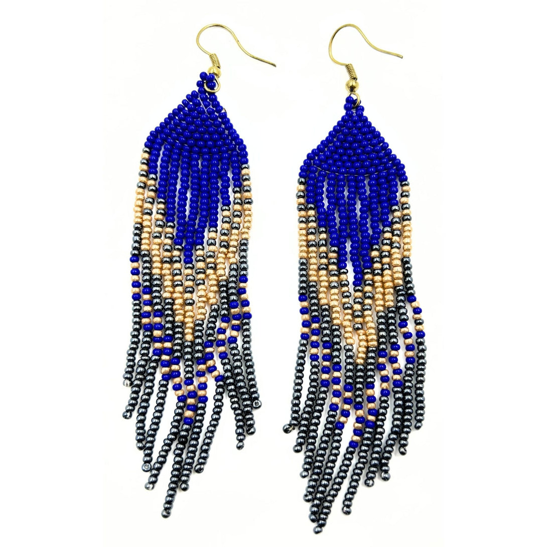 Royal Blue and Gold Beaded Earrings with Fringe-Vibhura