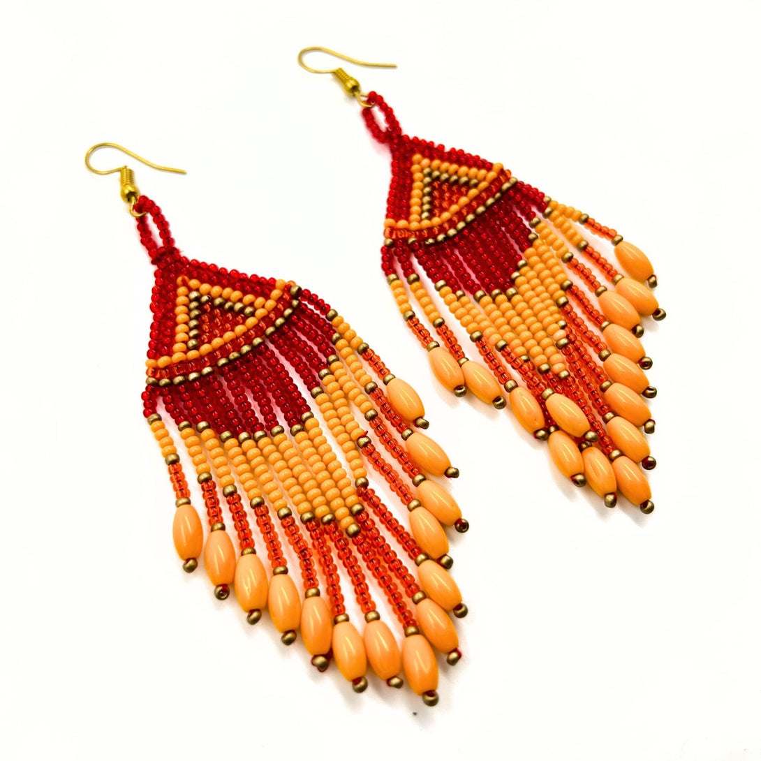 Handmade Red and Peach Beaded Earrings with Fringe-Vibhura