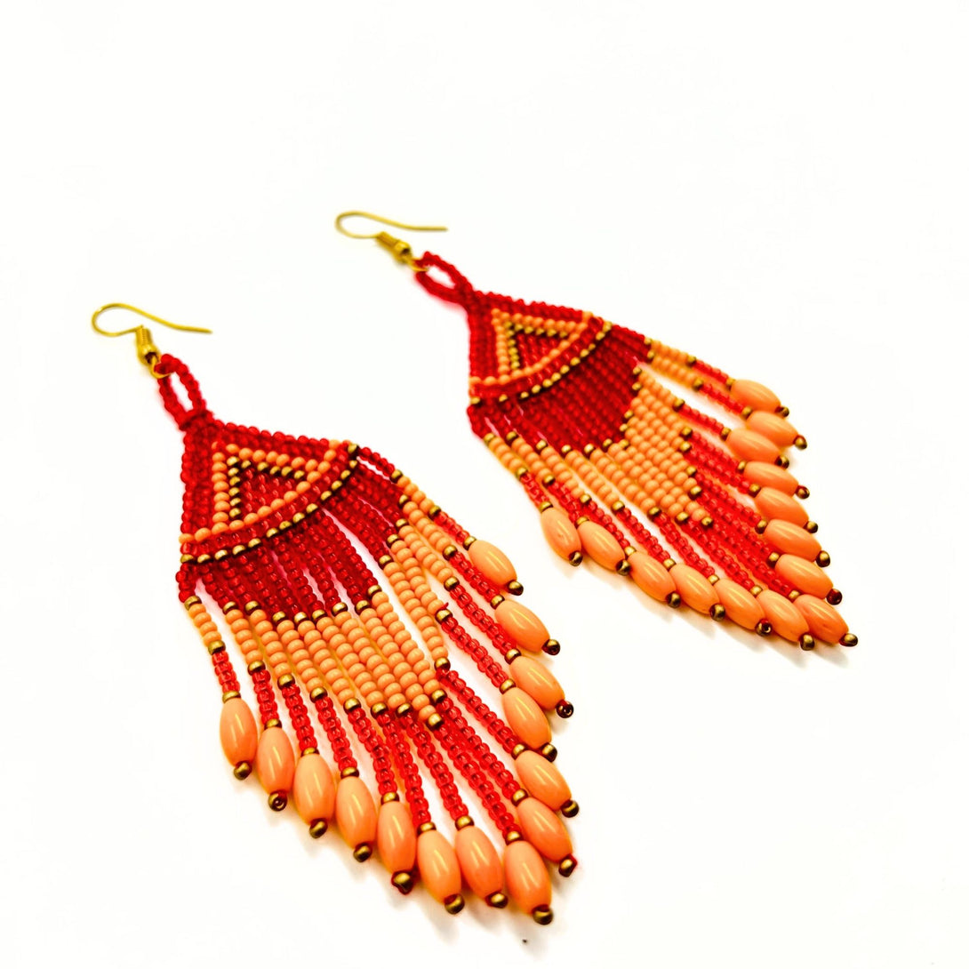 Handmade Red and Peach Beaded Earrings with Fringe-Vibhura