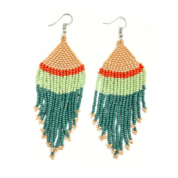 Teal and Orange Beaded Fringe Earrings-Vibhura