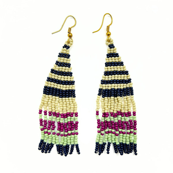 Black, Cream, and Pink Striped Beaded Earrings-Vibhura