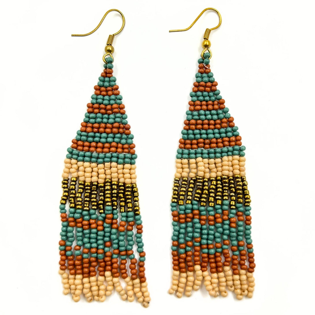 Brown and Teal Striped Beaded Fringe Earrings-Vibhura