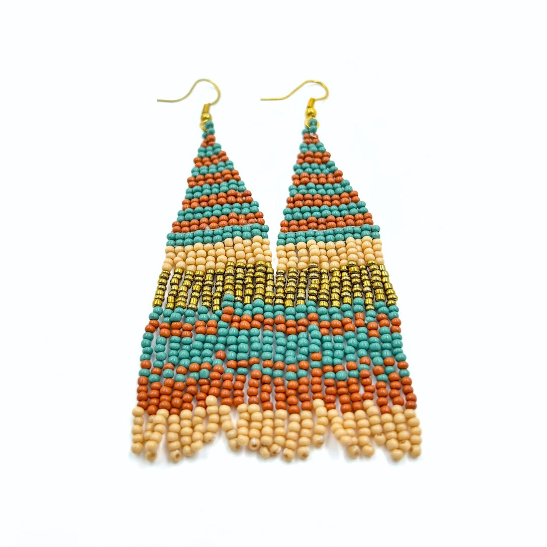 Brown and Teal Striped Beaded Fringe Earrings-Vibhura