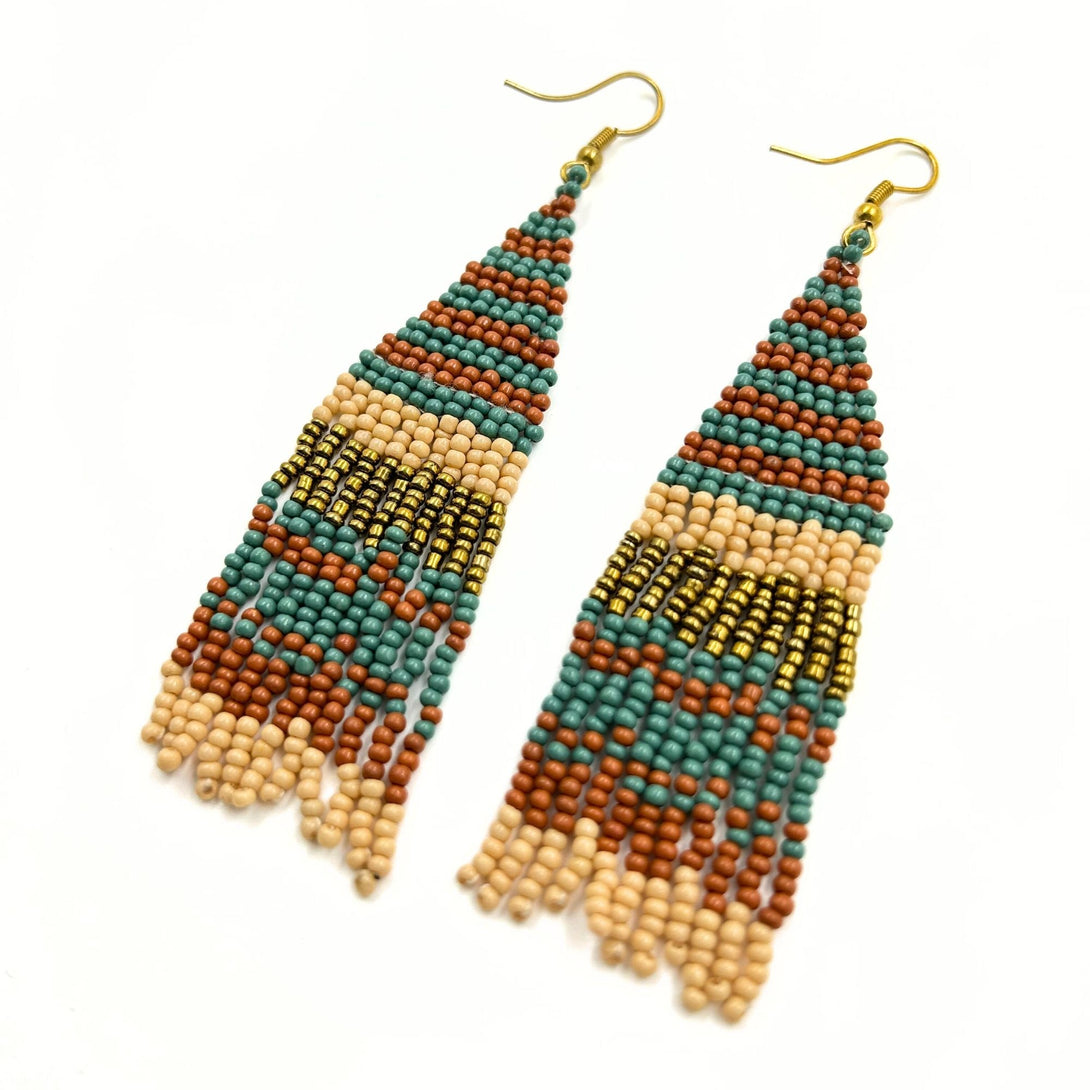 Brown and Teal Striped Beaded Fringe Earrings-Vibhura