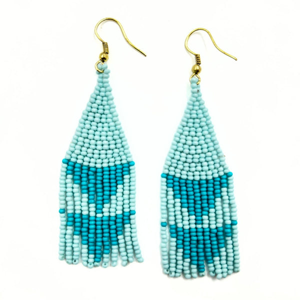 Sky Blue and White Beaded Earrings with Fringe-Vibhura