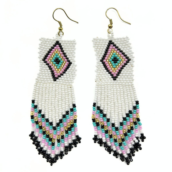 White and Black Striped Beaded Fringe Earrings-Vibhura