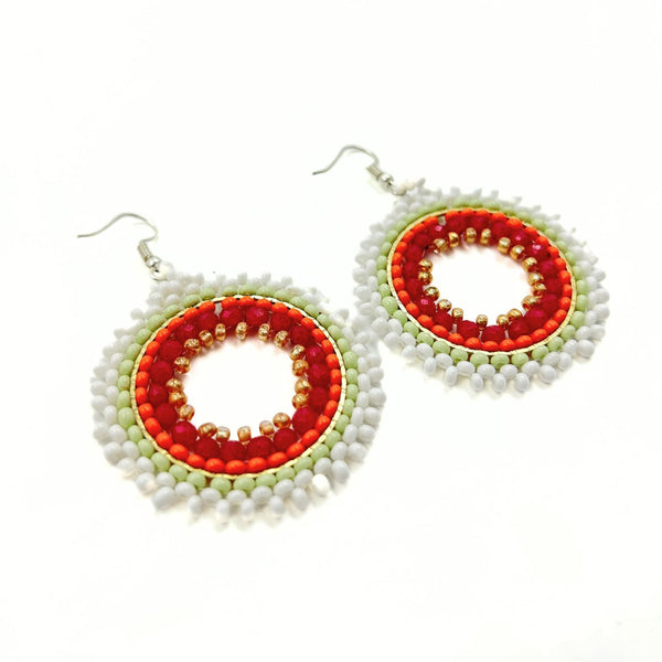 Red and White Circular Beaded Earrings-Vibhura