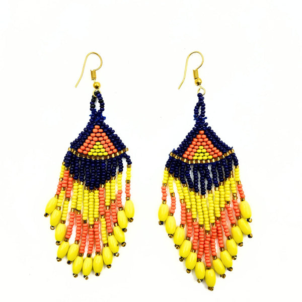 Handmade Beaded Earrings with Yellow and Coral Accents-Vibhura