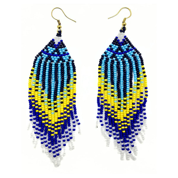 Yellow and Blue Patterned Beaded Earrings-Vibhura